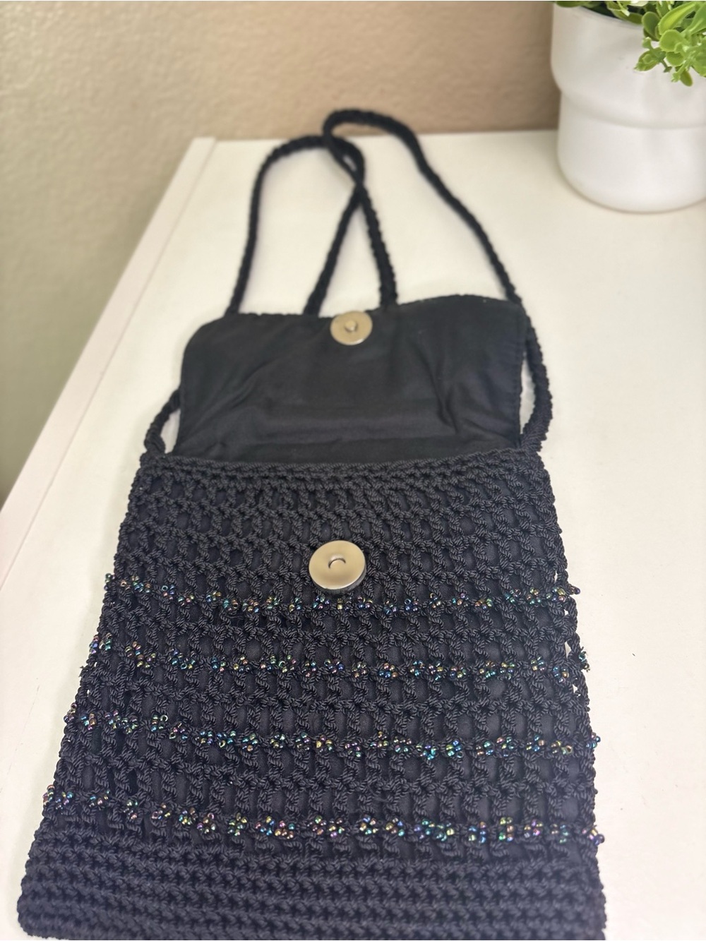 Vintage Black Beaded Crochet Crossbody Bag Boho Festival Purse Iridescent - Picture 2 of 8